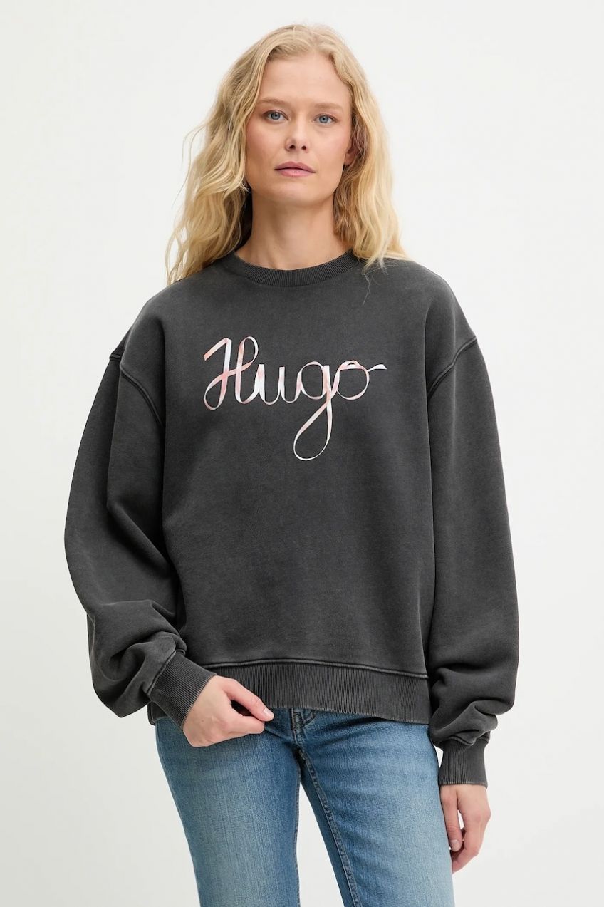 Bavlnená mikina HUGO Deroxina_4 šedá farba, s potlačou, 50545198