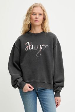 Bavlnená mikina HUGO Deroxina_4 šedá farba, s potlačou, 50545198