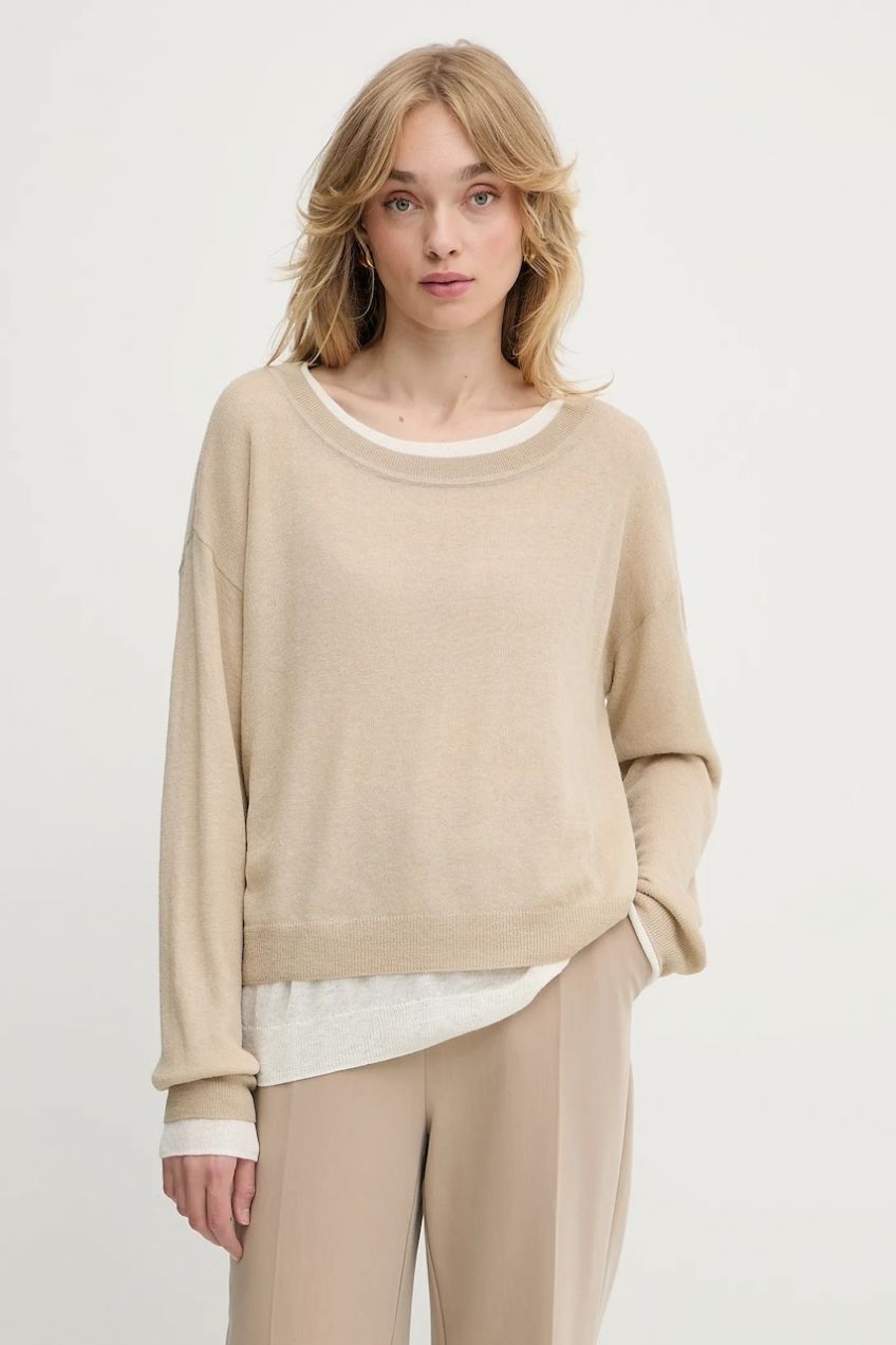 Vlnený sveter BOSS Femok béžová farba, ľahký, 50542875