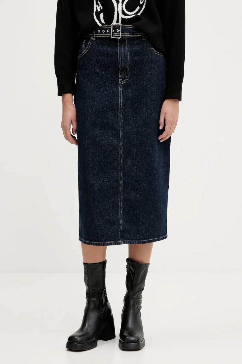 Rifľová sukňa HUGO Gatje_2 tmavomodrá farba, midi, rovný strih, 50541495
