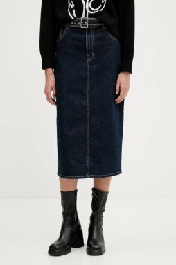 Rifľová sukňa HUGO Gatje_2 tmavomodrá farba, midi, rovný strih, 50541495