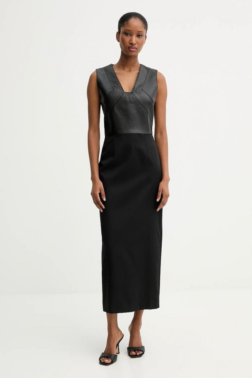 Šaty s prímesou vlny BOSS Drumialda čierna farba, maxi, rovný strih, 50543504