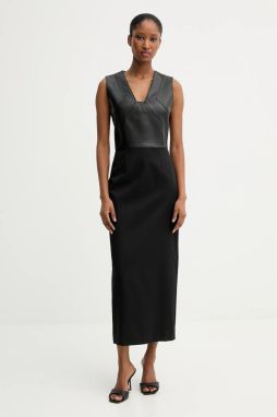 Šaty s prímesou vlny BOSS Drumialda čierna farba, maxi, rovný strih, 50543504