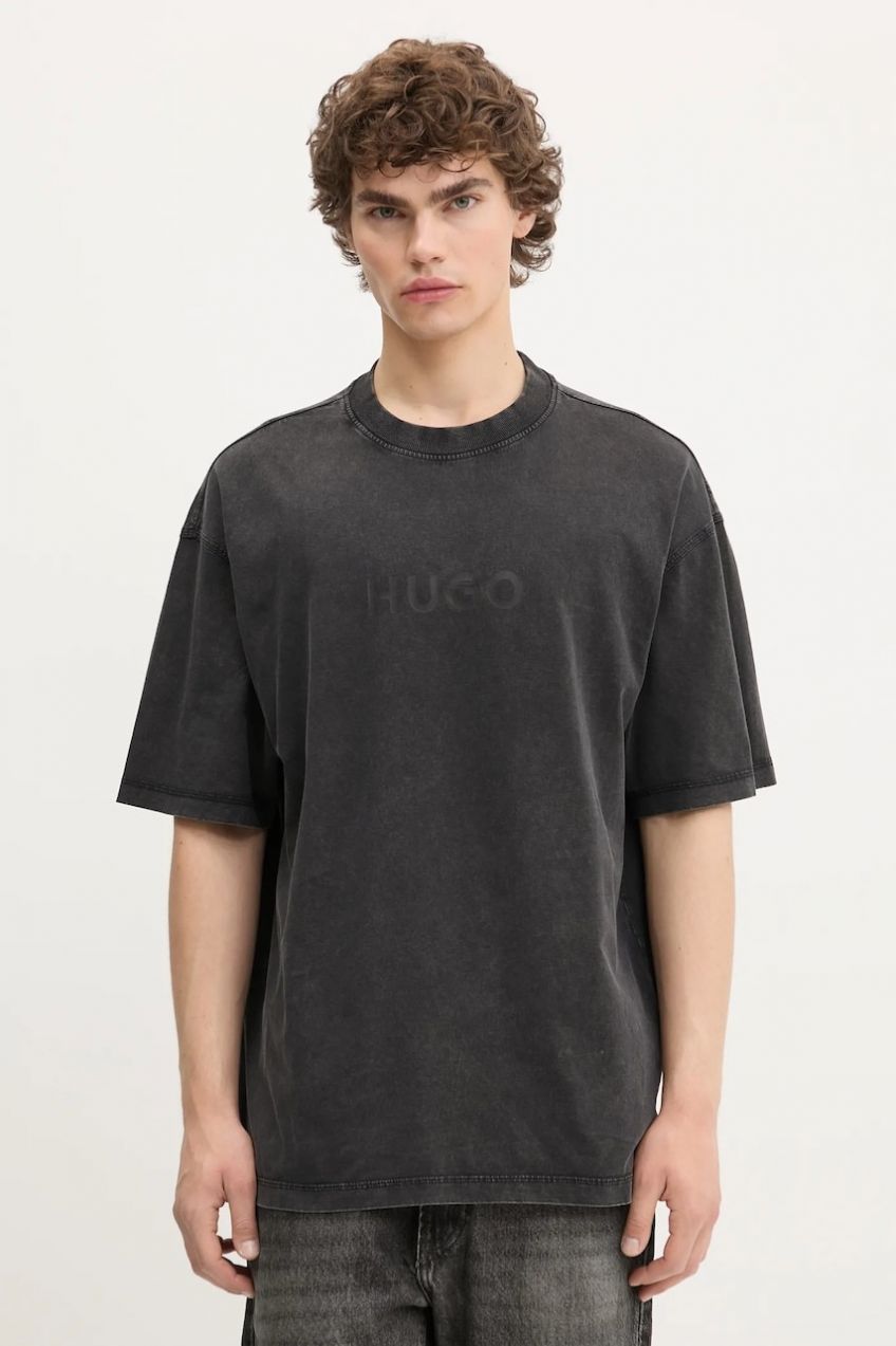 Bavlnené tričko Hugo Blue Nebute pánske, šedá farba, s potlačou, 50542638