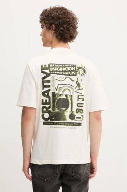 Bavlnené tričko Hugo Blue Nylix pánske, béžová farba, s potlačou, 50543496