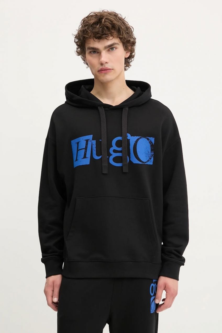 Bavlnená mikina Hugo Blue Nildi čierna farba, s kapucňou, s potlačou, 50542796