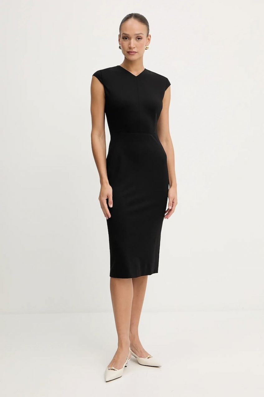 Šaty BOSS Dulisa čierna farba, midi, rovný strih, 50541987