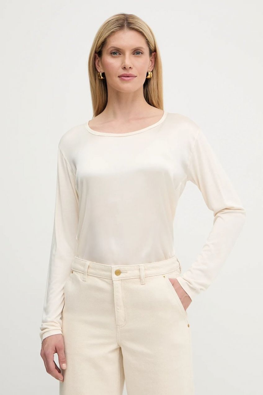 Blúzka s prímesou hodvábu BOSS Green Esyva béžová farba, jednofarebná, 50541888