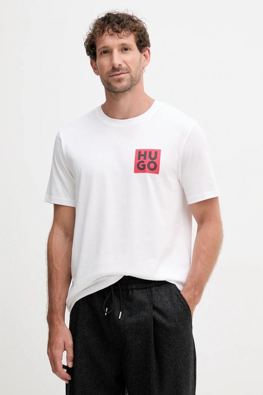 Bavlnené tričko HUGO Detzington čierna farba, s potlačou