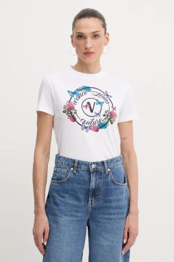 Bavlnené tričko Versace Jeans Couture dámske, biela farba, 79HAHP01 CJ01P