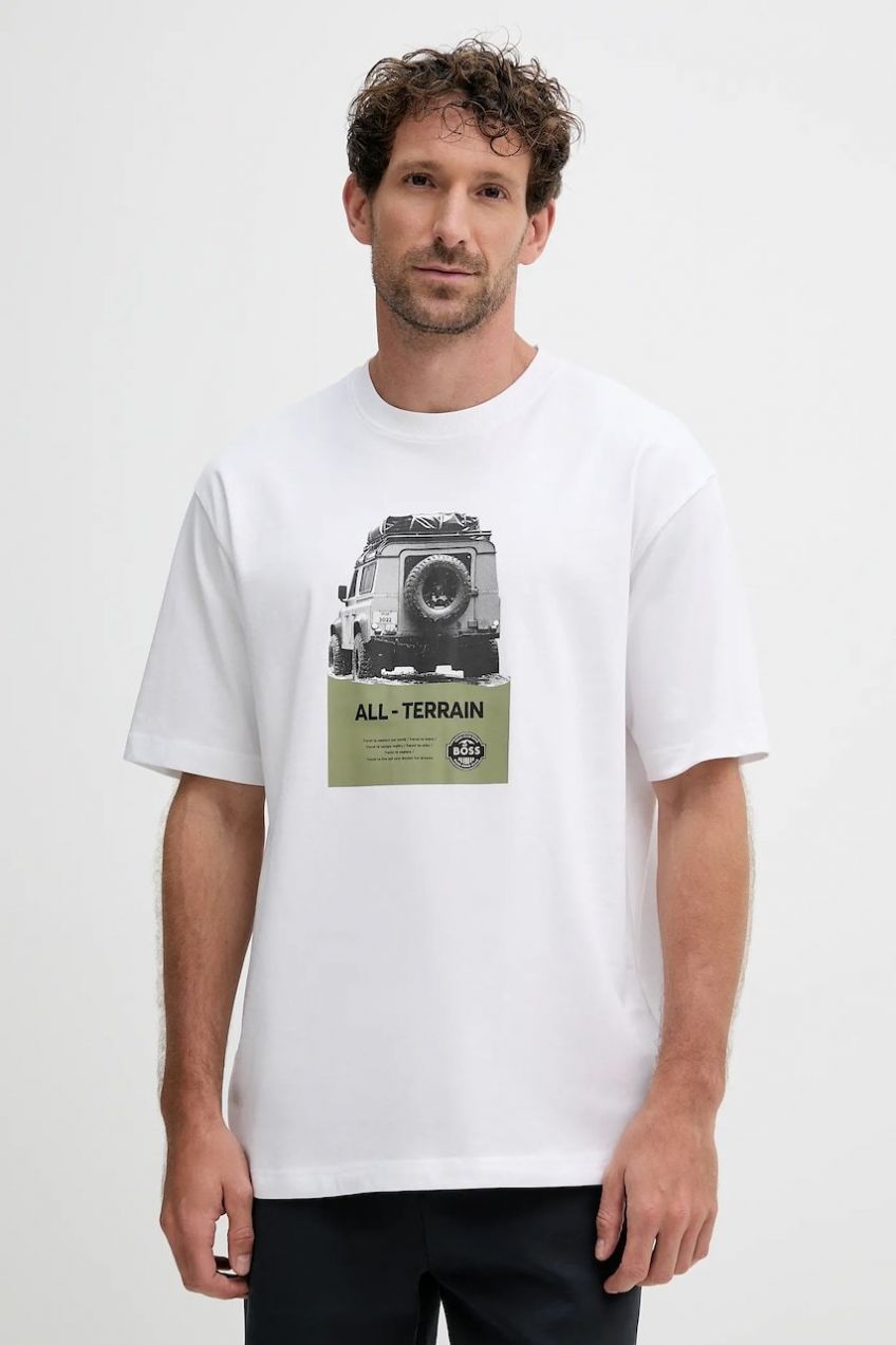Bavlnené tričko BOSS Orange Te_Wagon pánske, biela farba, s potlačou, 50546958