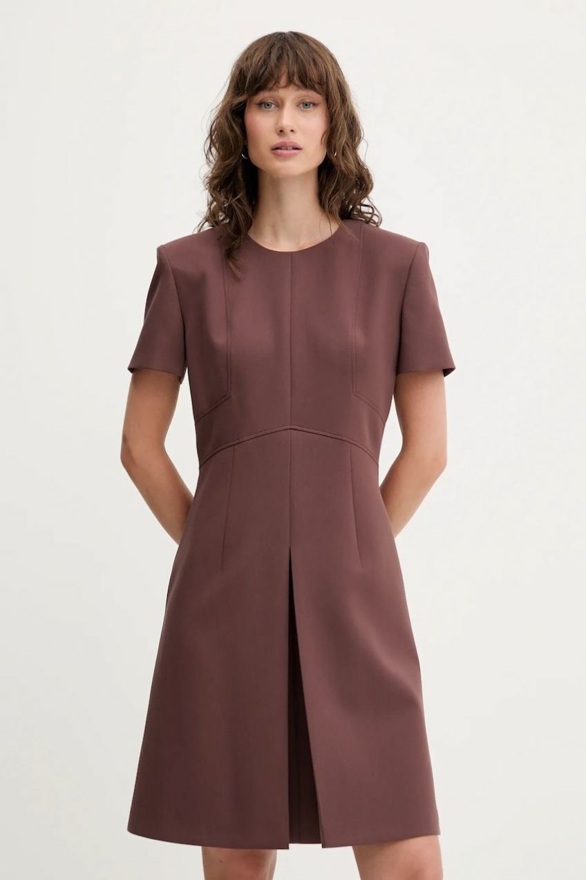 Šaty HUGO Kilame hnedá farba, mini, rovný strih, 50542643