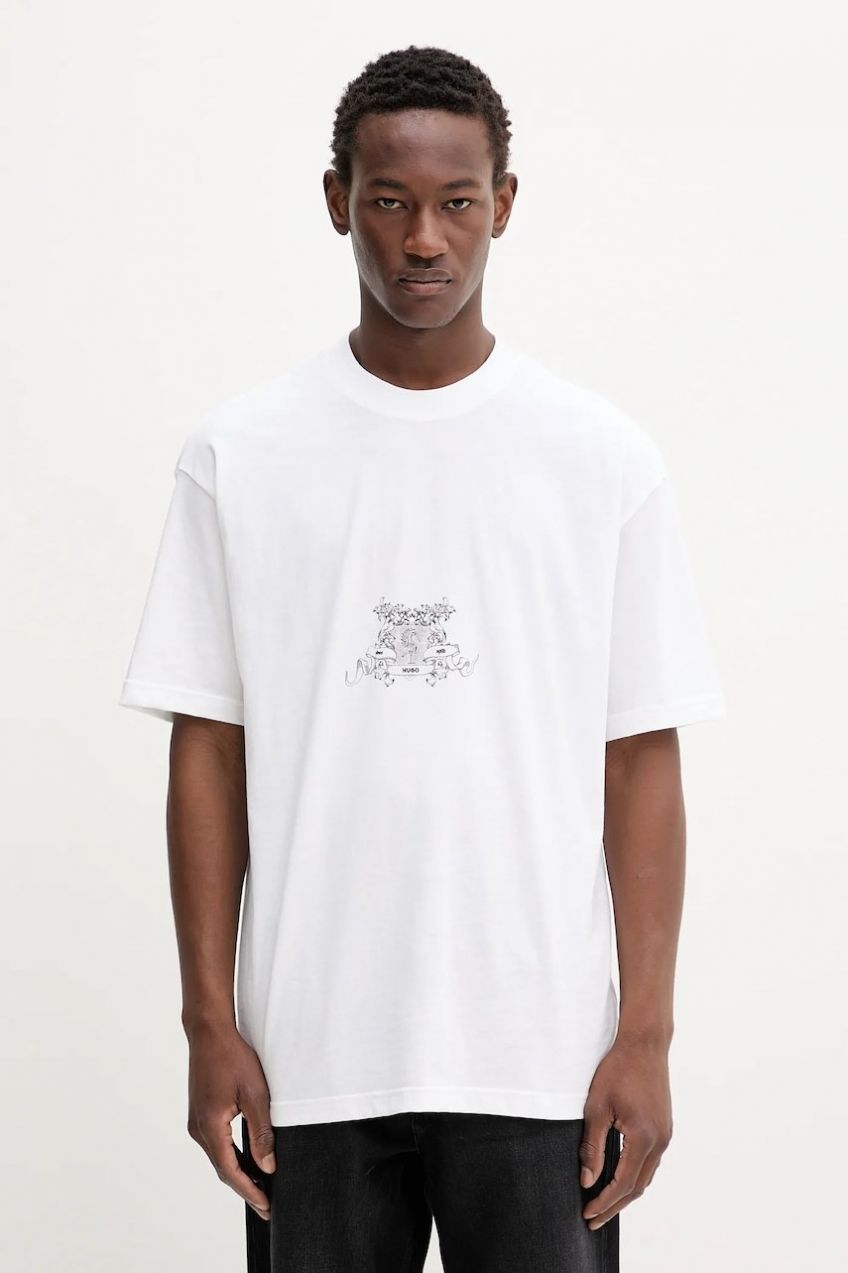 Bavlnené tričko HUGO Duarms pánske, béžová farba, s potlačou, 50542817