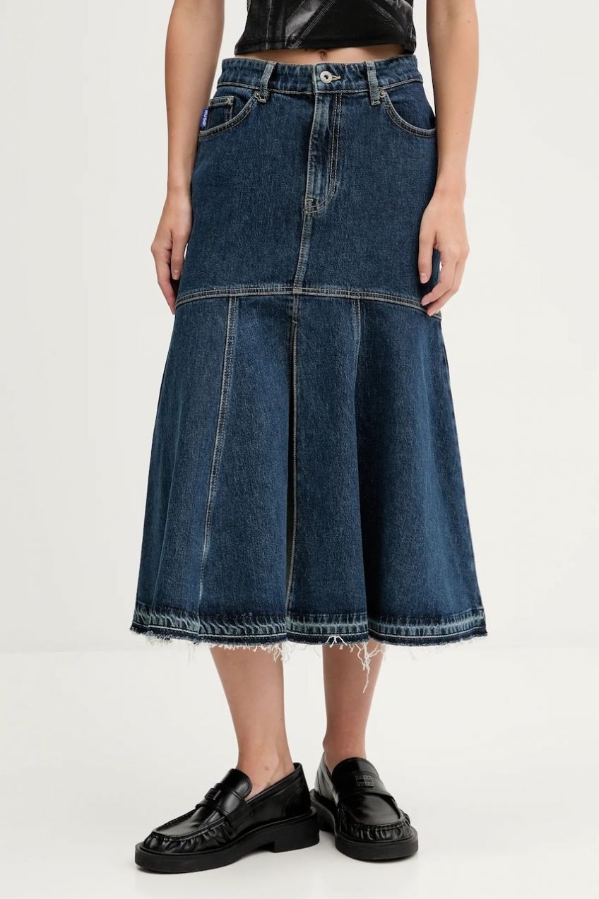 Rifľová sukňa Hugo Blue Gidya_B tmavomodrá farba, midi, áčkový strih, 50541569