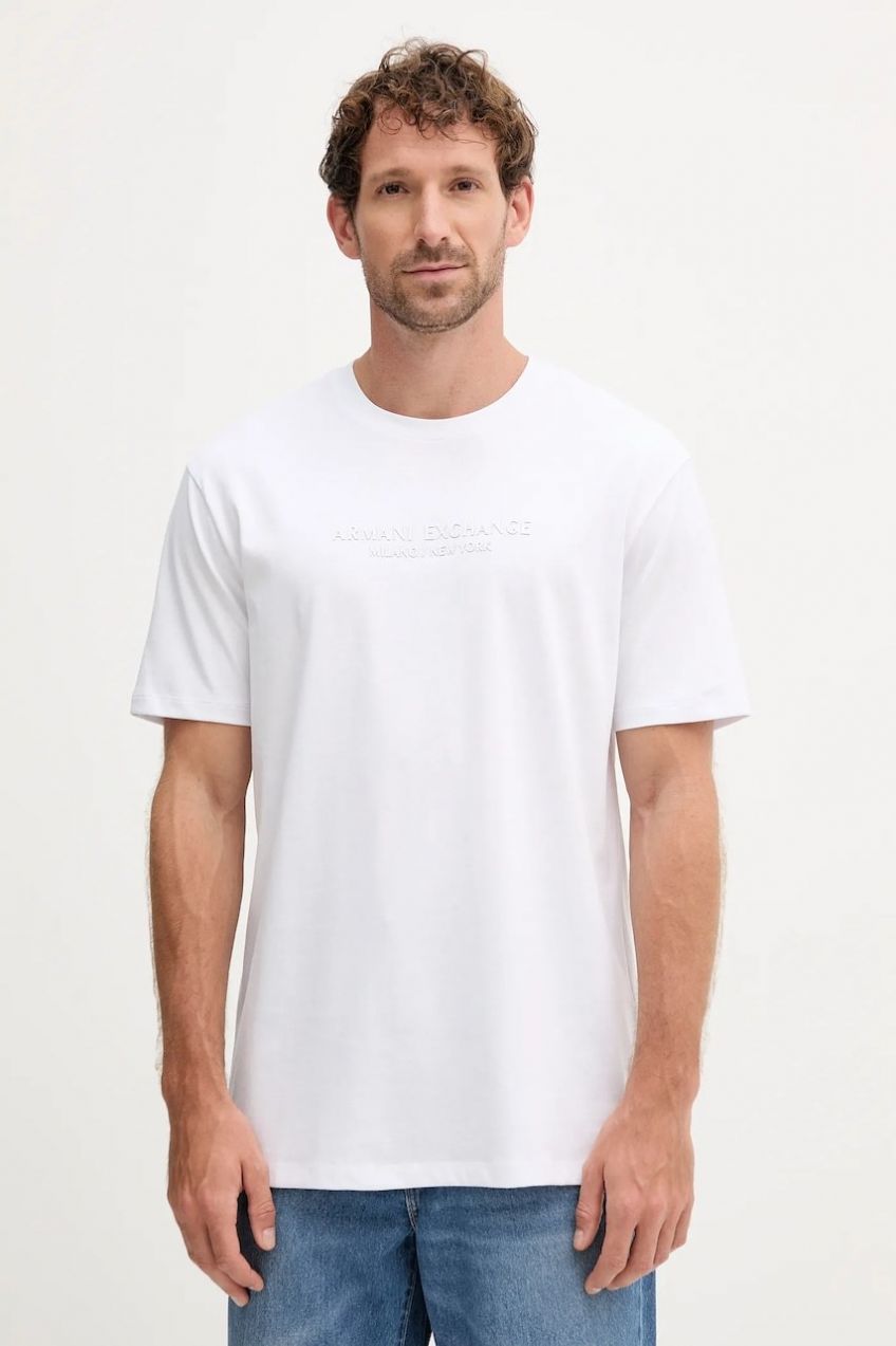 Bavlnené tričko Armani Exchange pánske, biela farba, s potlačou, XM001280 AF10361