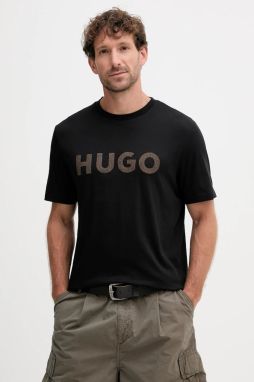 Bavlnené tričko HUGO Dulivio_U253 pánske, čierna farba, s nášivkou, 50542737