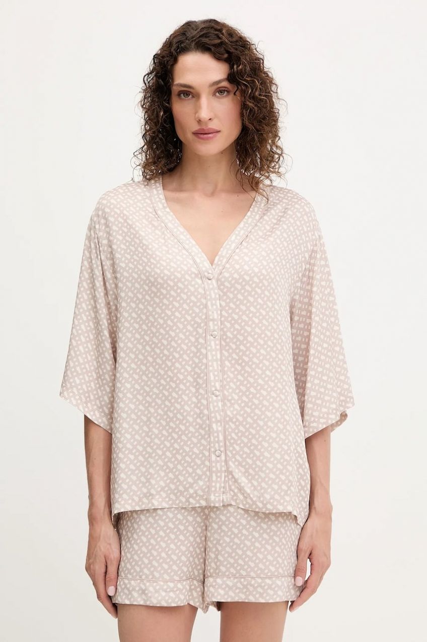 Pyžamová košeľa BOSS Sateen AOP_Top béžová farba, 50545615