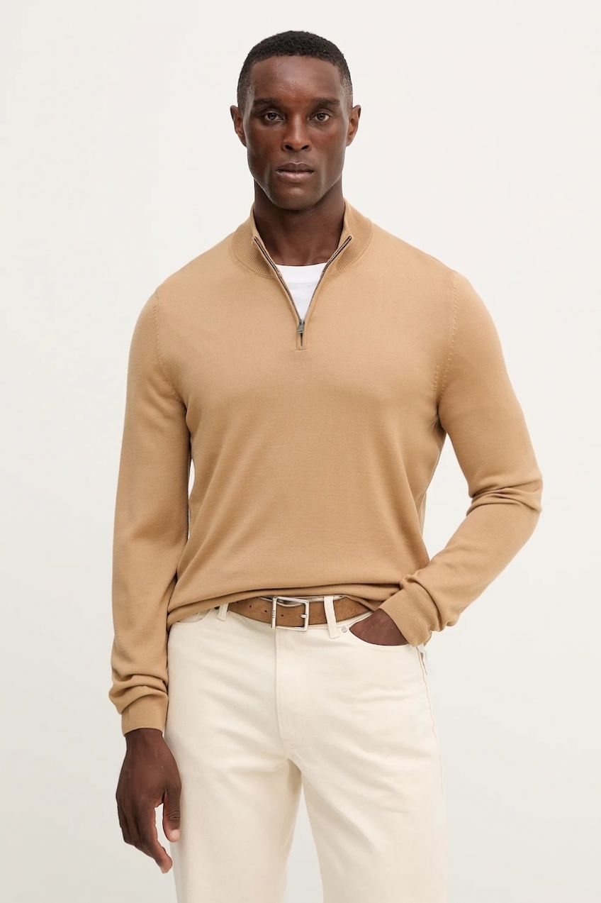 Vlnený sveter BOSS Ebenji béžová farba, ľahký, s polorolákom, 50528300