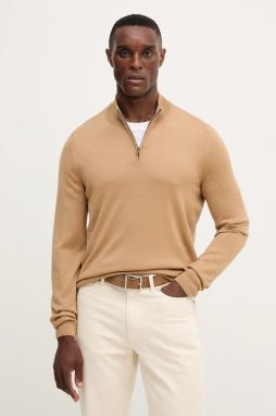 Vlnený sveter BOSS Ebenji béžová farba, ľahký, s polorolákom, 50528300