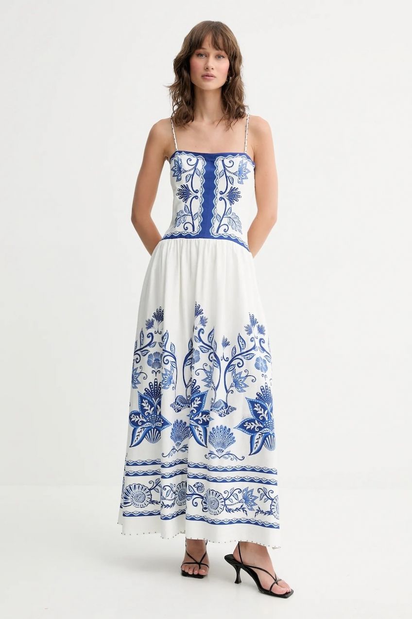 Ľanové šaty Farm Rio biela farba, maxi, áčkový strih, 339162