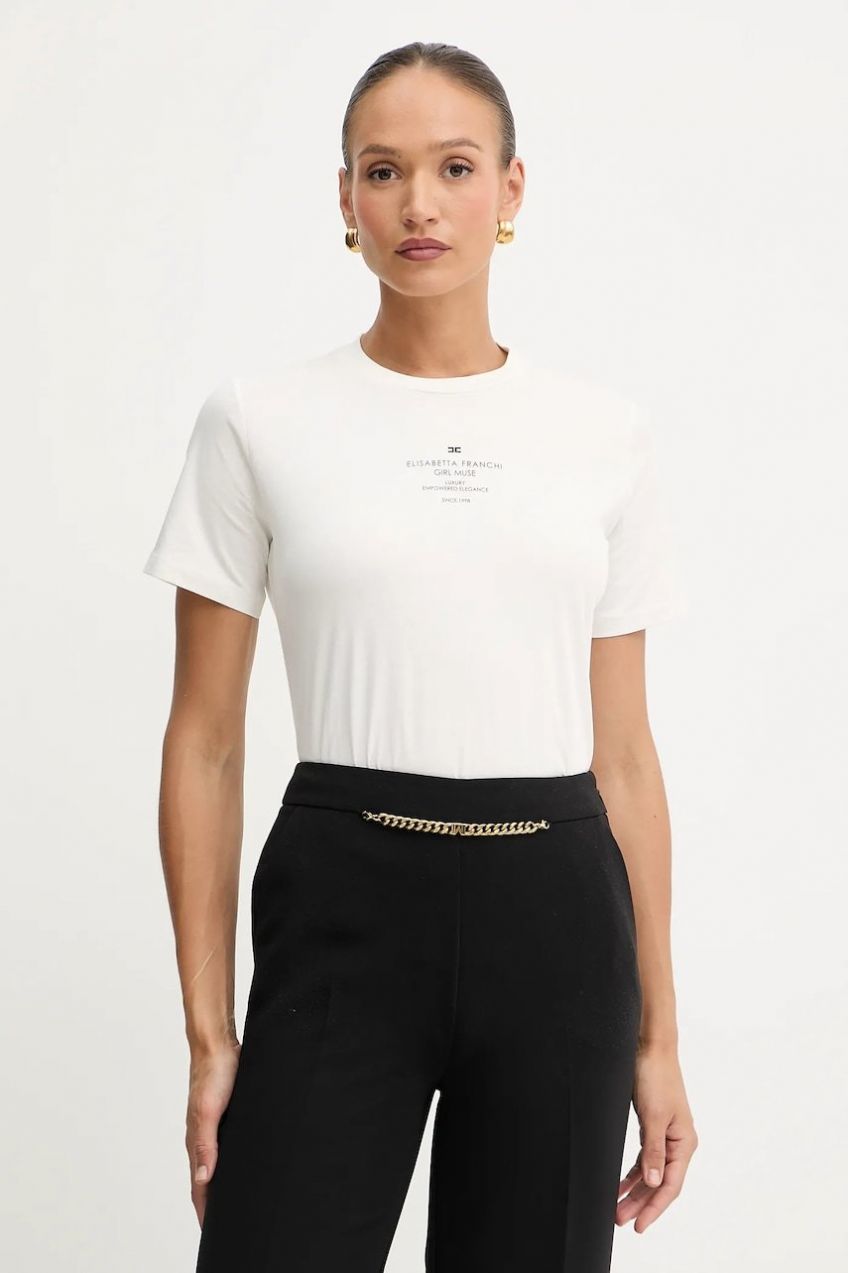 Bavlnené tričko Elisabetta Franchi dámske, béžová farba, MA63D56E2