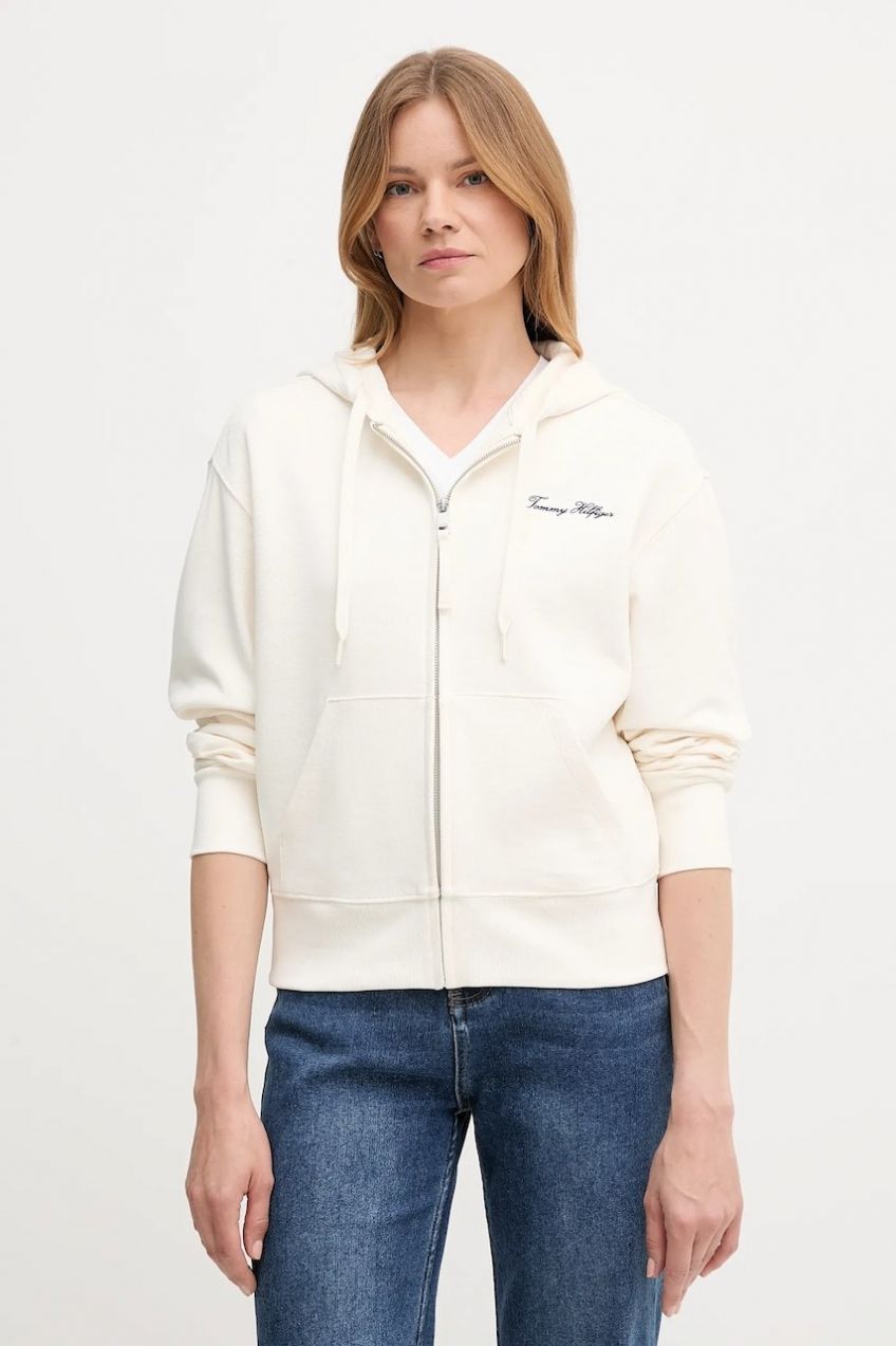 Mikina Tommy Hilfiger béžová farba, s kapucňou, jednofarebná, WW0WW45742