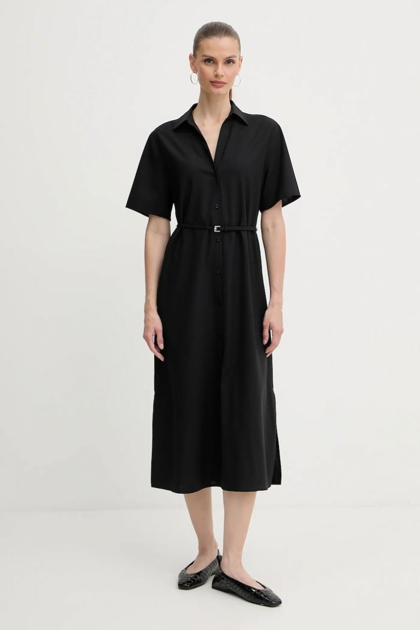 Vlnené šaty BOSS Dulera čierna farba, midi, rovný strih, 50546632