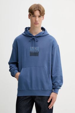 Bavlnená mikina HUGO Duspliter modrá farba, s kapucňou, s potlačou, 50542787