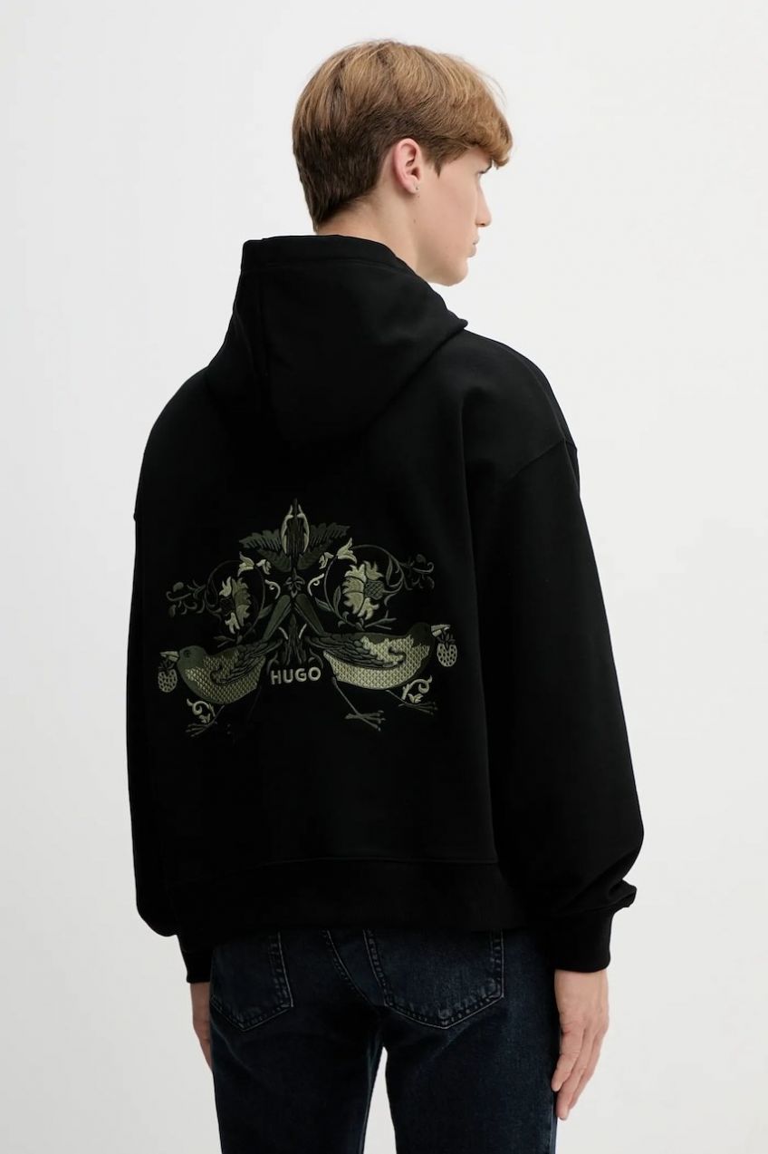 Bavlnená mikina HUGO Dimstone čierna farba, s kapucňou, s nášivkou, 50542558