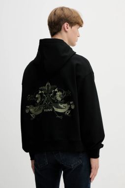 Bavlnená mikina HUGO Dimstone čierna farba, s kapucňou, s nášivkou, 50542558