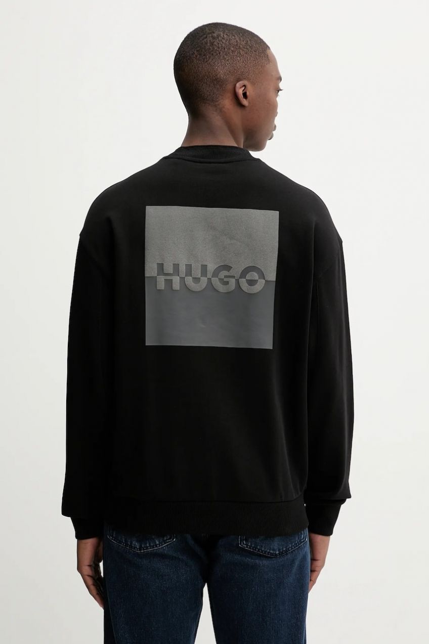 Bavlnená mikina HUGO Dusplited čierna farba, s potlačou, 50542847