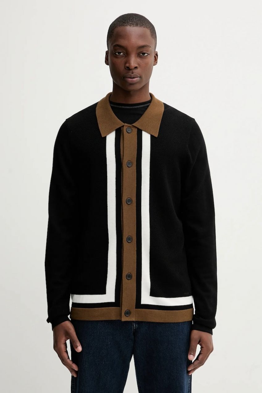 Vlnený kardigán HUGO Splon čierna farba, 50543770