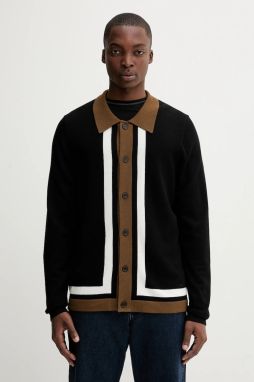 Vlnený kardigán HUGO Splon čierna farba, 50543770