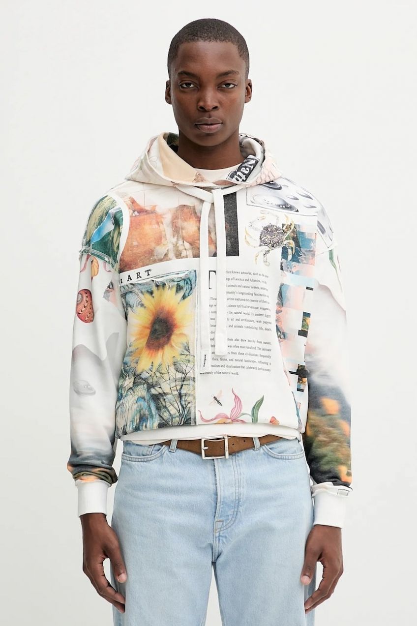 Mikina Desigual BRADFORD béžová farba, s kapucňou, vzorovaná, 25WMSK11