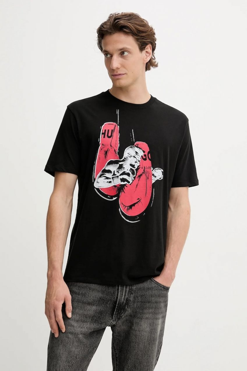Bavlnené tričko HUGO Diboxer pánske, čierna farba, s potlačou, 50542560