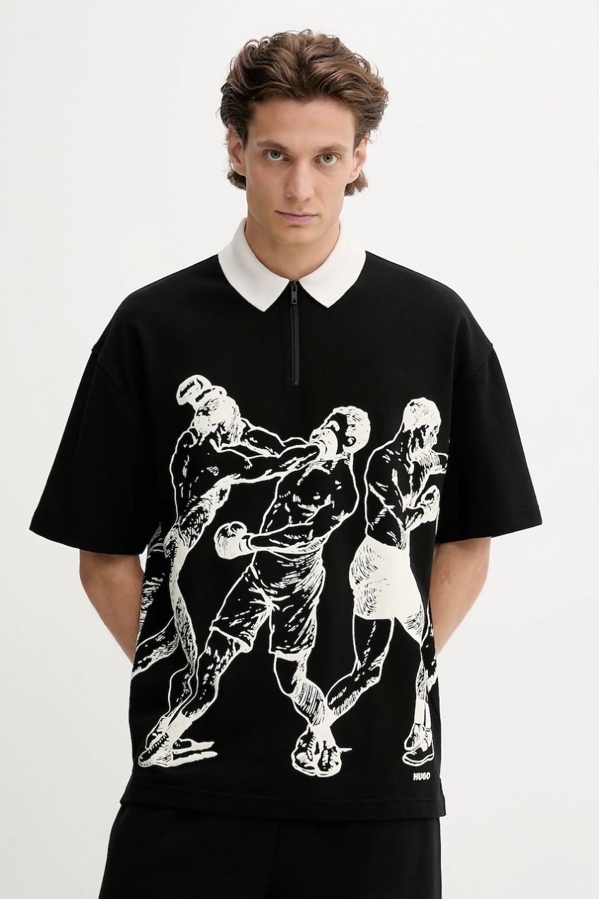 Bavlnené polo tričko HUGO Duboxie čierna farba, vzorované, 50542432