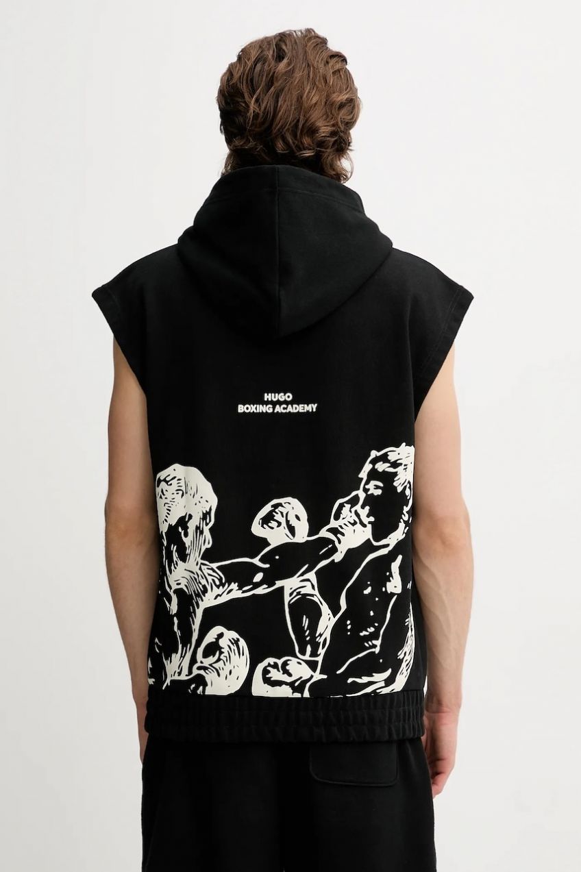 Bavlnená mikina HUGO Duboxo čierna farba, s kapucňou, s potlačou, 50542433