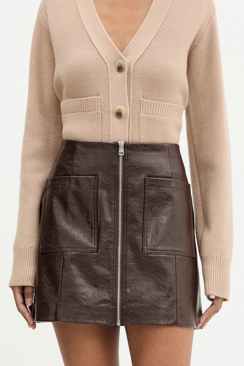 Sukňa HUGO Ralitte-1 hnedá farba, mini, áčkový strih, 50544832