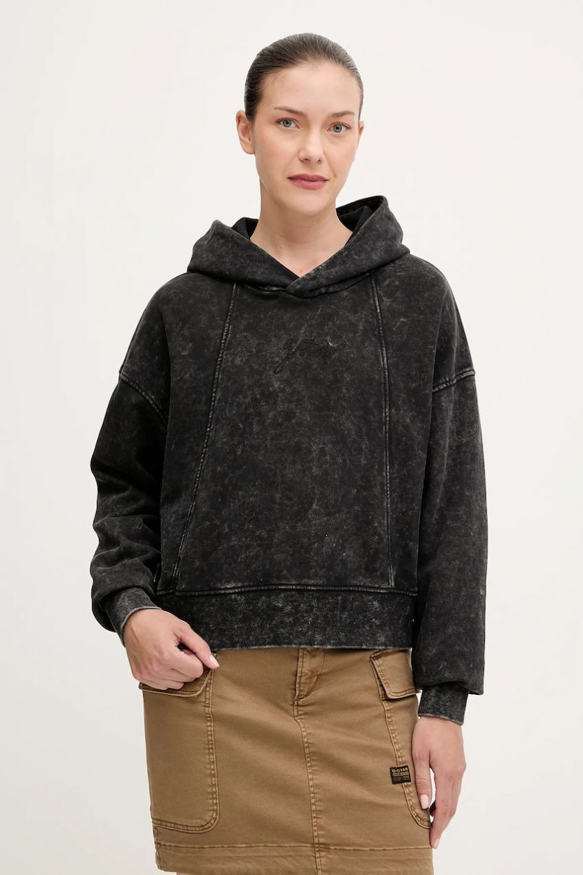 Bavlnená mikina G-Star Washed a line script čierna farba, s kapucňou, jednofarebná, D27726-D969