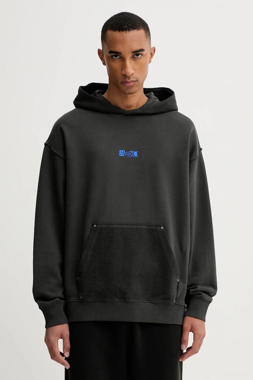Bavlnená mikina Hugo Blue Nasdi šedá farba, s kapucňou, jednofarebná, 50542799