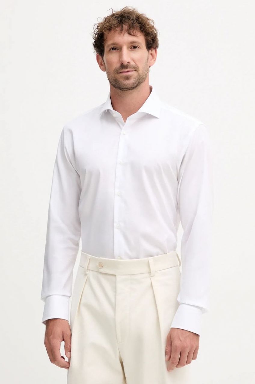 Bavlnená košeľa BOSS H-HANK-spr-B1-C1-253 biela farba, slim, s talianskym golierom, 50550925