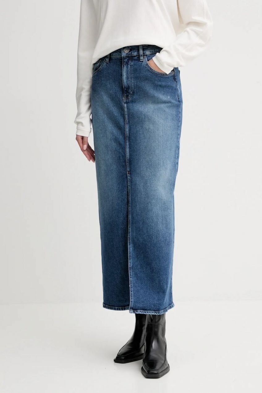 Rifľová sukňa G-Star Viktoria Long modrá farba, maxi, rovný strih, D24385-E106