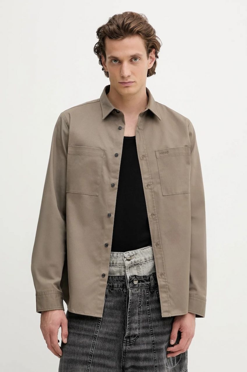 Košeľa HUGO Egrin zelená farba, regular, s klasickým golierom, 50541392