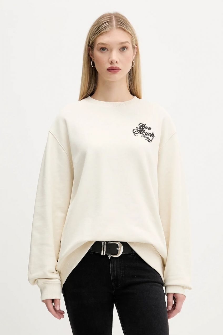 Bavlnená mikina Hugo Blue Oversized Crew_B_4 béžová farba, s potlačou, 50550142