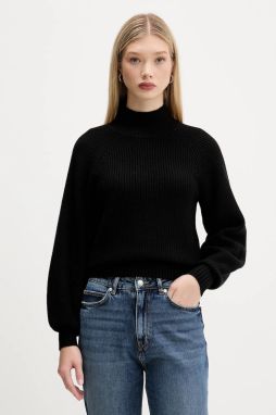 Vlnený sveter HUGO Sorellasio čierna farba, s polorolákom, 50548292