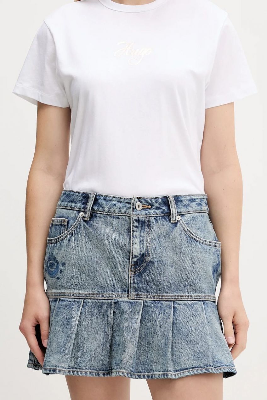 Rifľová sukňa Hugo Blue Gaby_B modrá farba, mini, áčkový strih, 50546318