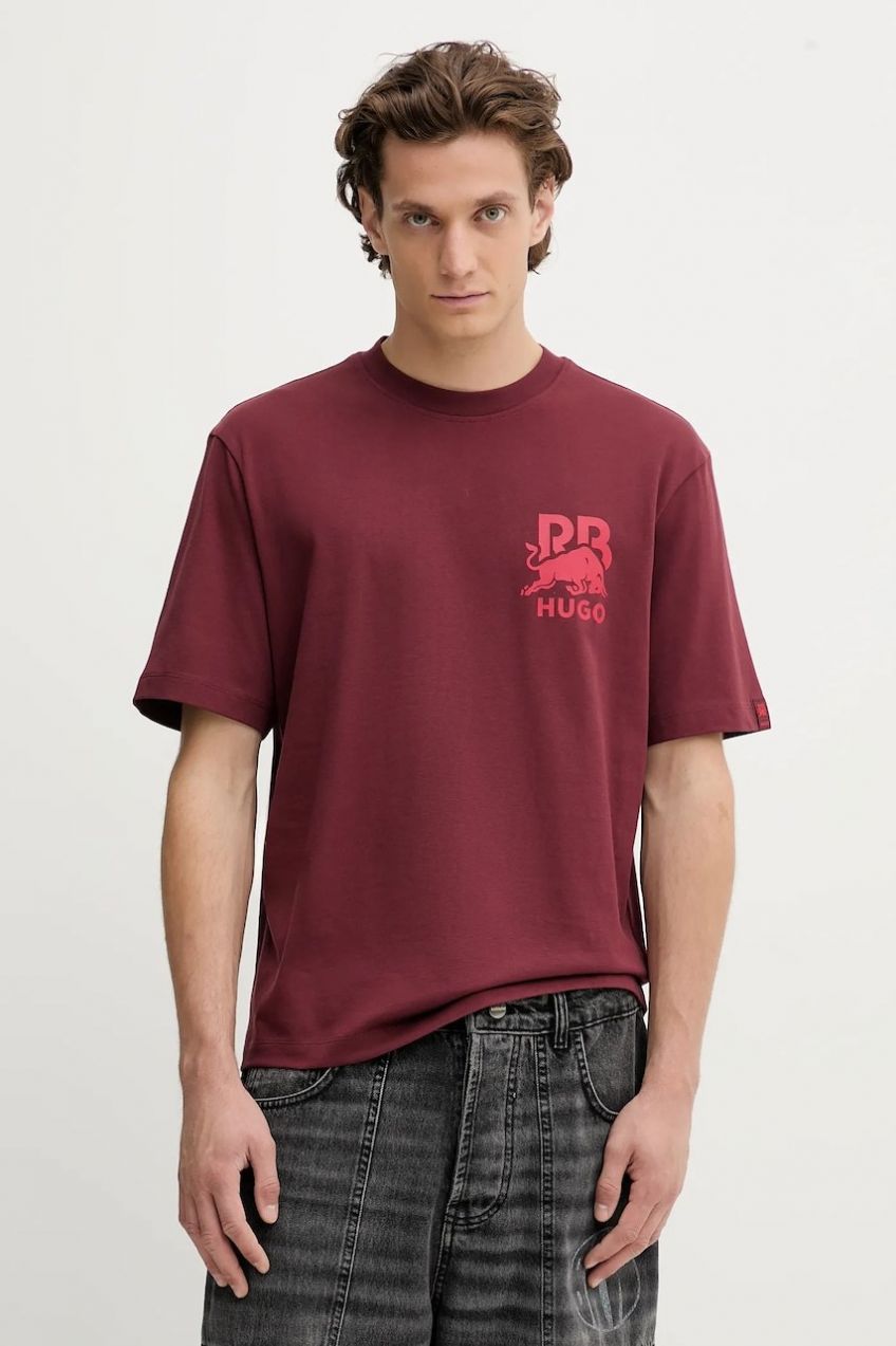 Bavlnené tričko HUGO Dartox_RB pánske, bordová farba, s potlačou, 50549307