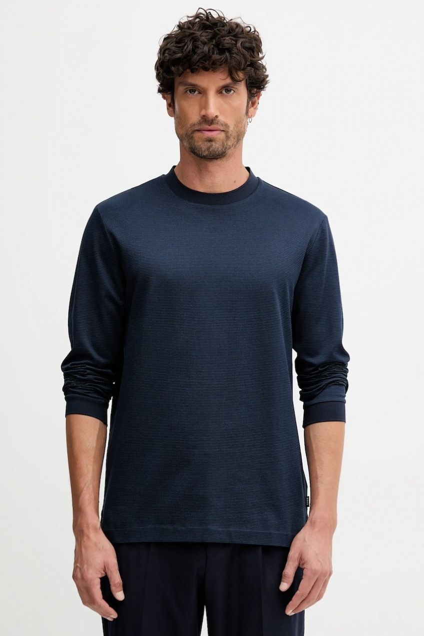 Bavlnené tričko s dlhým rukávom BOSS H-Talley 432 tmavomodrá farba, 50549387