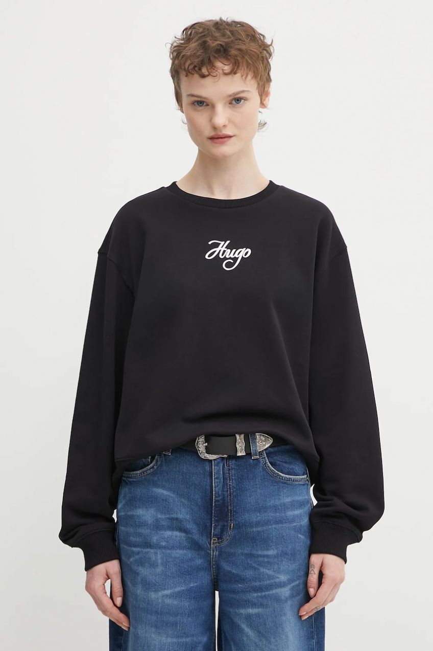 Bavlnená mikina HUGO Deroxina_6 čierna farba, s potlačou, 50550149