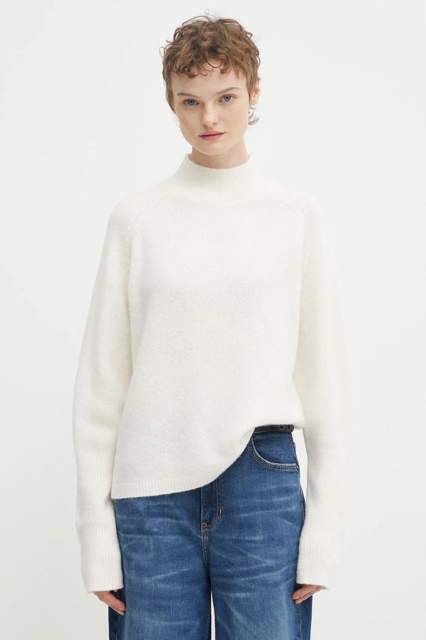 Sveter s prímesou vlny HUGO Surpio béžová farba, s polorolákom, 50548251